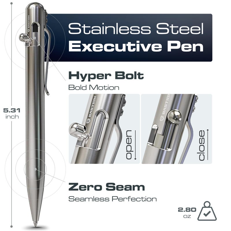BASTIONÂ® Luxury Bolt Action Pen, Durable Professional Ballpoint Pen with Fine Tip, EDC Pen Ink Refillable Pen - 100% Stainless Steel - Image 2
